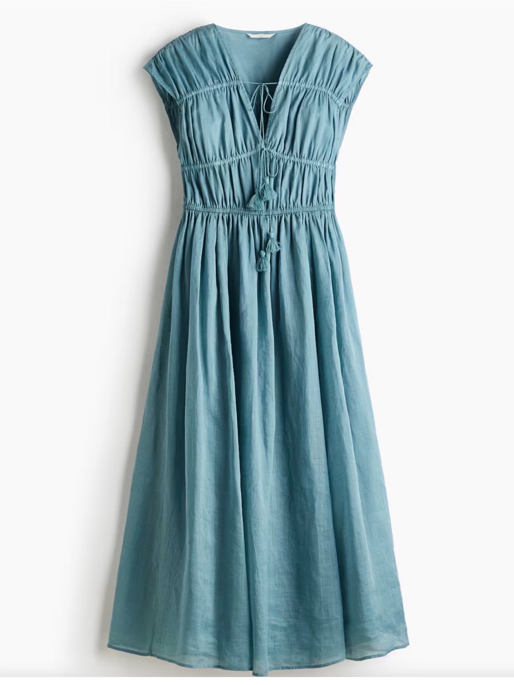 H&M Blue Ramie V-Neck Drawstring Dress